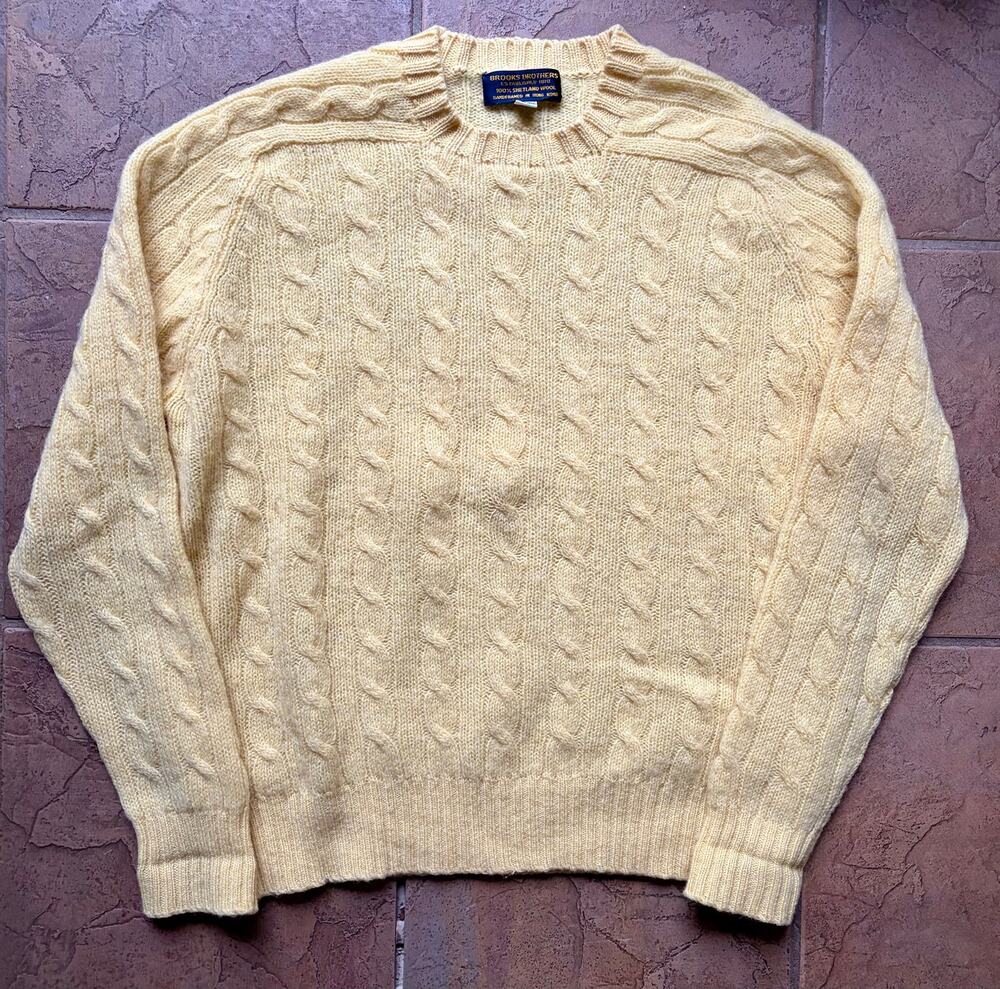 Vintage Brooks Brothers 100% Shetland Wool Fisherman Yellow Cable Knit Sweater M
